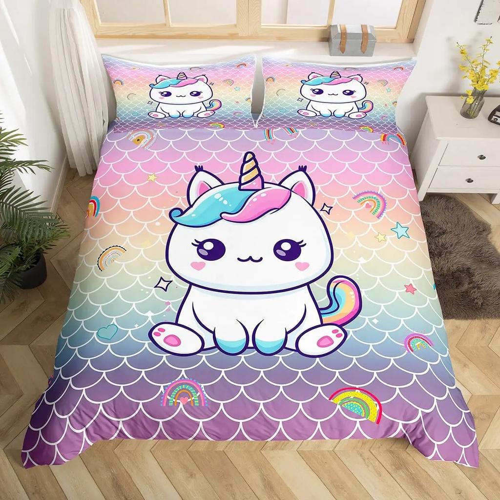 Comforter Cartoon Cat Unicorn Sweet Strawberry Milk Bedding Set Pet Animals Comforter Desserts Cakes Food