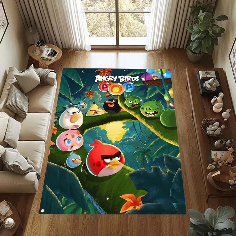 Various Styles of Angry Birds 2 Themed Printed Rugs for Soft Bedroom Floors, and Non-slip Welcome Mats for Home Laundry Rooms.