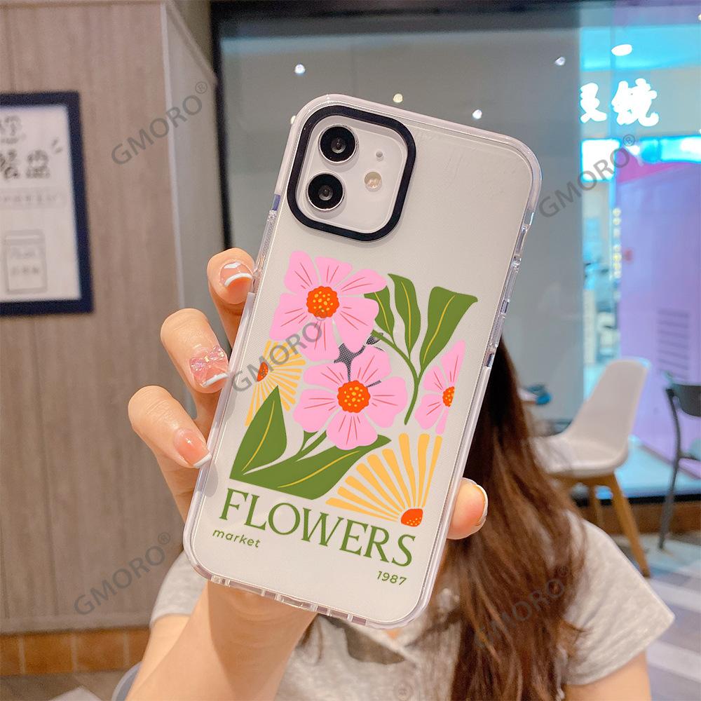 Spring Doodle Pink Flower Phone Case Suitable for iPhone 17 Full-Coverage Transparent Apple 16pm Women's Protective Case