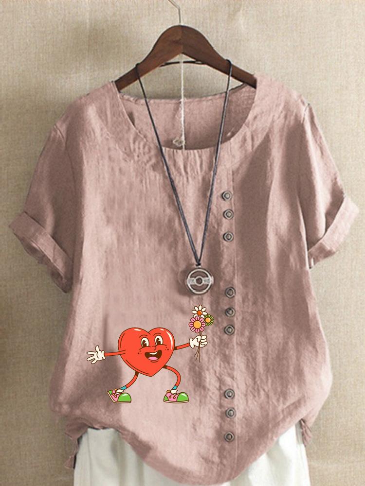Women's Fashion Heart Shaped Floral Print Round Neck Short Sleeve T-shirt Summer Casual Cotton Linen Graphic Shirt Leisure Loose Blouse Tops