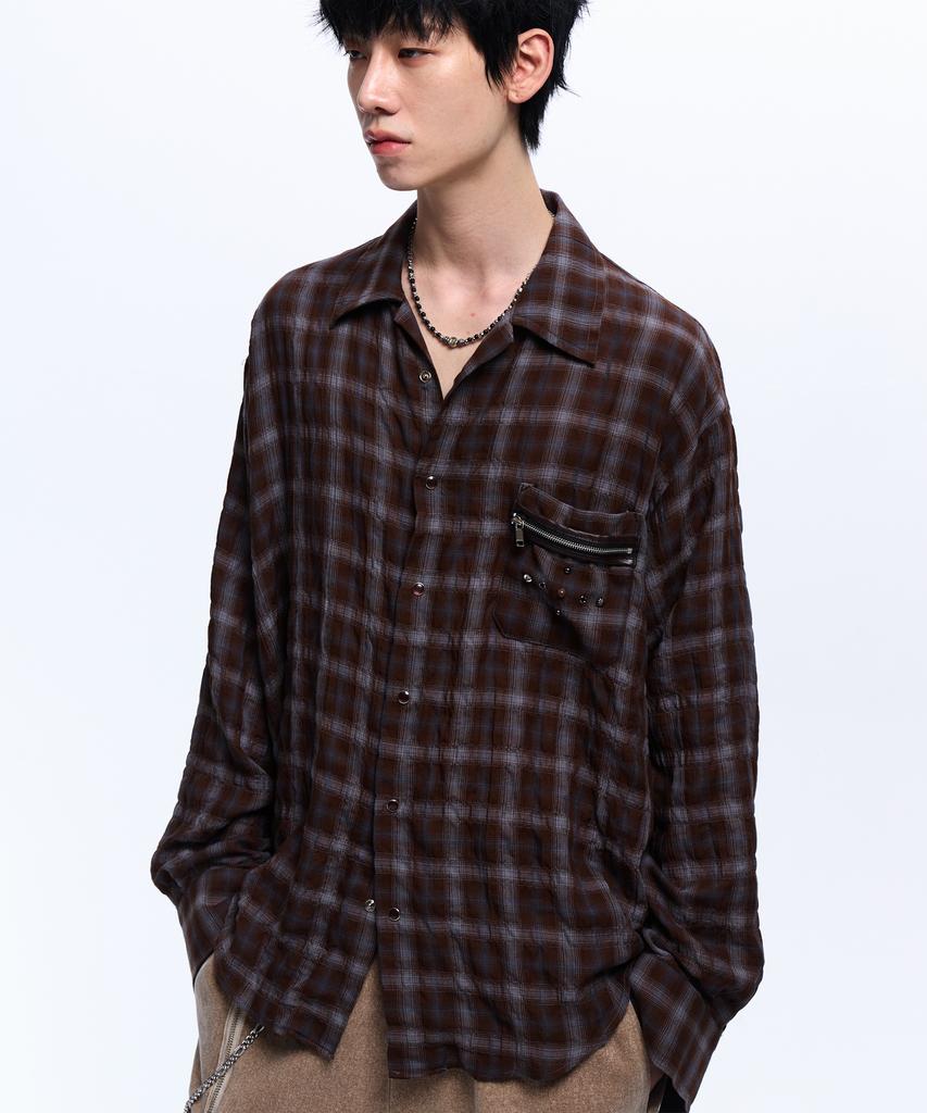 Aleseueseussi Rivet Zipper Check Shirt - Brown