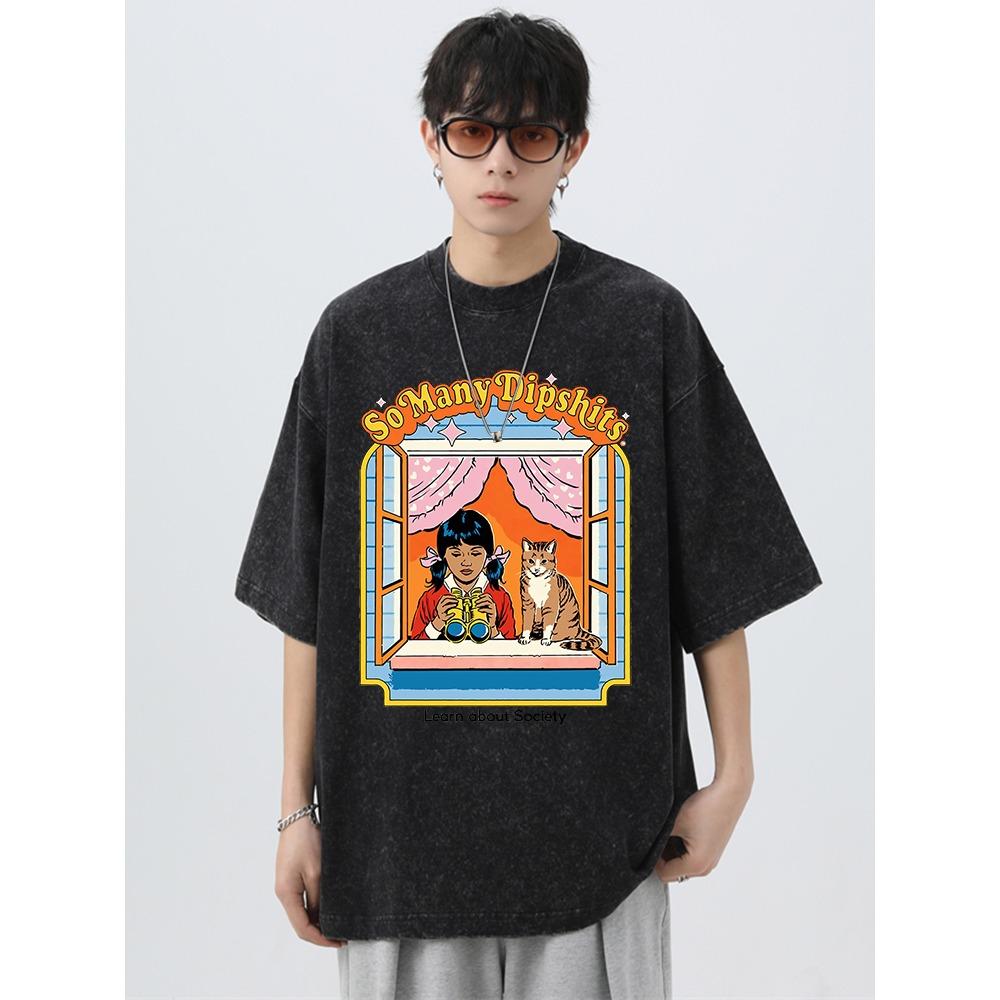 Carrying A Catlearn About Society Washed Retro Male Tops Summer Loose T-Shirt Cotton T-Shirt Clothes Casual T-Shirts