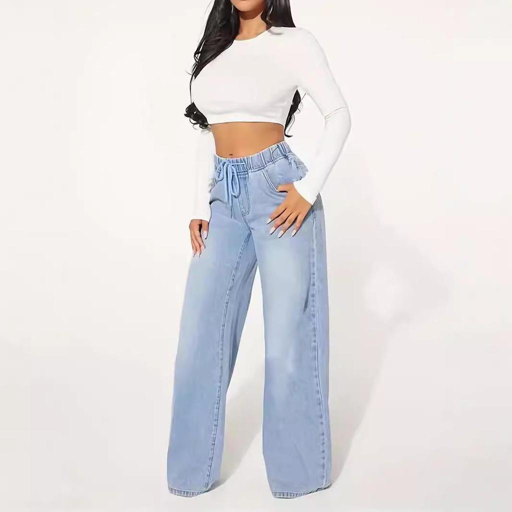 High Waist Light Blue Women's Wide Leg Drawstring Denim Jeans