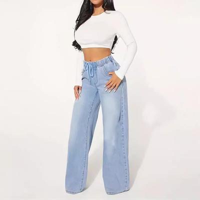 High Waist Light Blue Women's Wide Leg Drawstring Denim Jeans