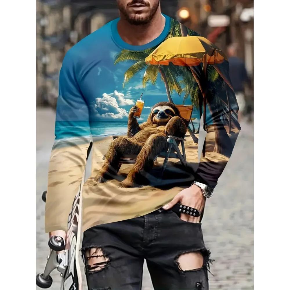 Cartoon Vibrant Rabbit Long Sleeve T-shirt Funny Animal Theme 3D Print T-shirt Man Casual Crew Neck T-shirt