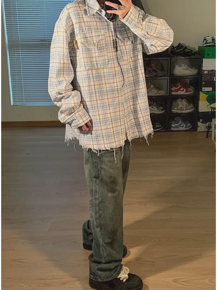 2024 Spring American Retro Plaid Edge Long Sleeve Couple Shirt for Men and Women
