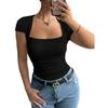 Women Square Neck Ruched Short Sleeve T Shirt Slim Fit Stretchy Casual Top Soft Fabric Stylish Design