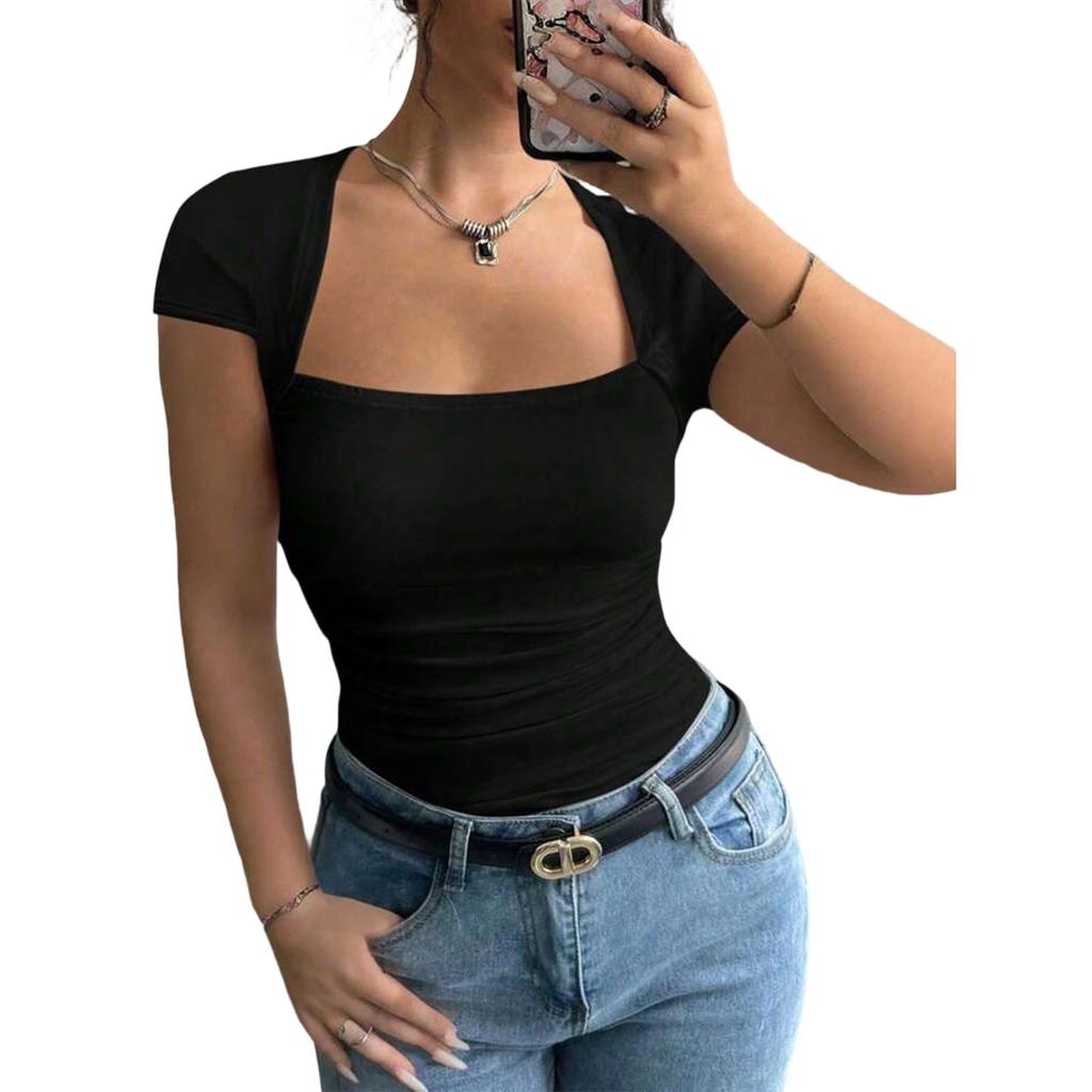 Women Square Neck Ruched Short Sleeve T Shirt Slim Fit Stretchy Casual Top Soft Fabric Stylish Design