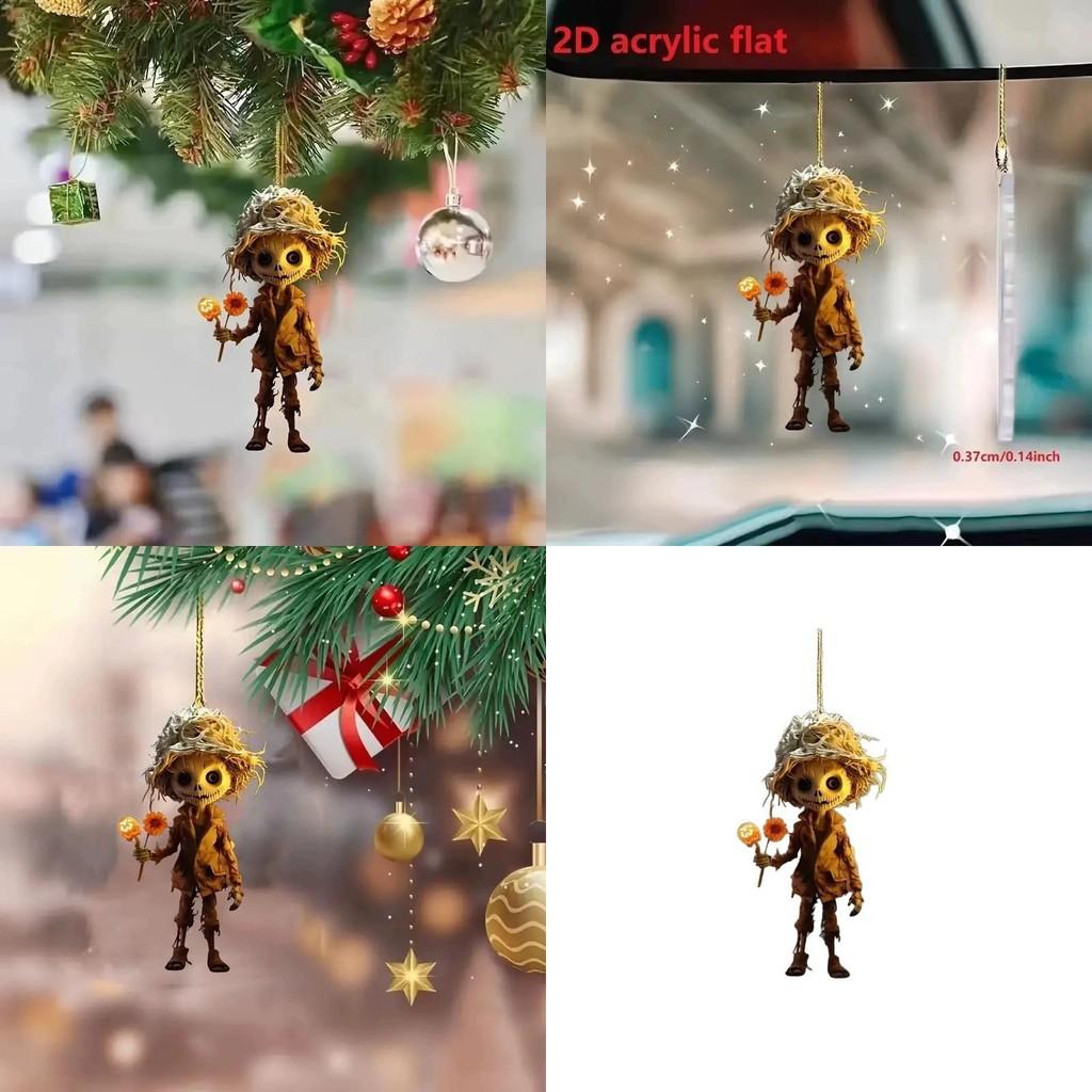 Wearing Skull Halloween Straw Hat And Hold Flower Acrylic Flat Pendant Surface