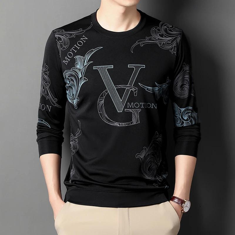 New Men's Casual Long Sleeved Round Neck Printed T-shirt Thin Summer Comfortable Fashion Casual New Arrivals Street Style Top