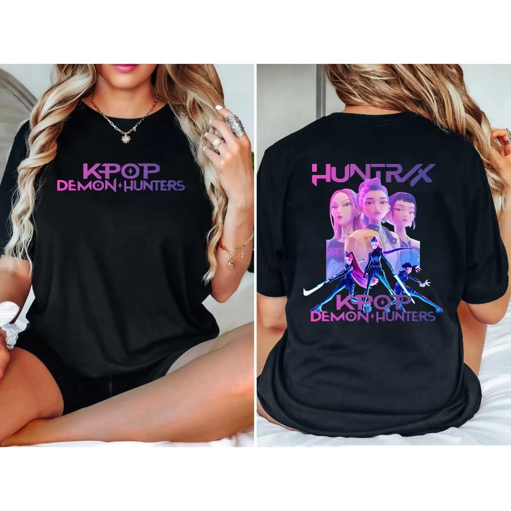 

2025 KPOP Demon Hunters Huntrix Anime 2-Sided Cotton Women T-shirt Graphic Short Sleeve Shirt Unisex Women Men T Shirt Summer S