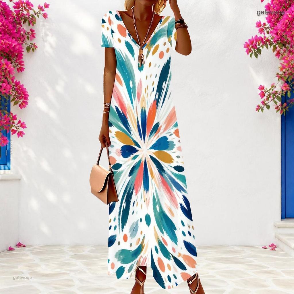 Women Plus Size V Neck Short Sleeve Printed Loose Maxi Dress