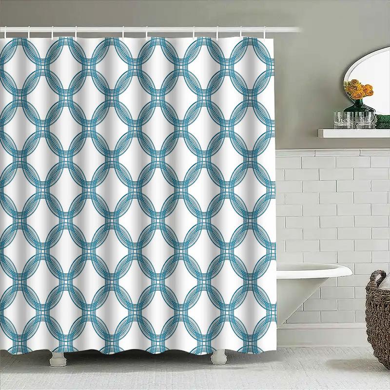 Teal Geometric Shower Curtain Modern Abstract Waterproof Bathroom Decor Set Vintage Style Washable Fabric Backdrop