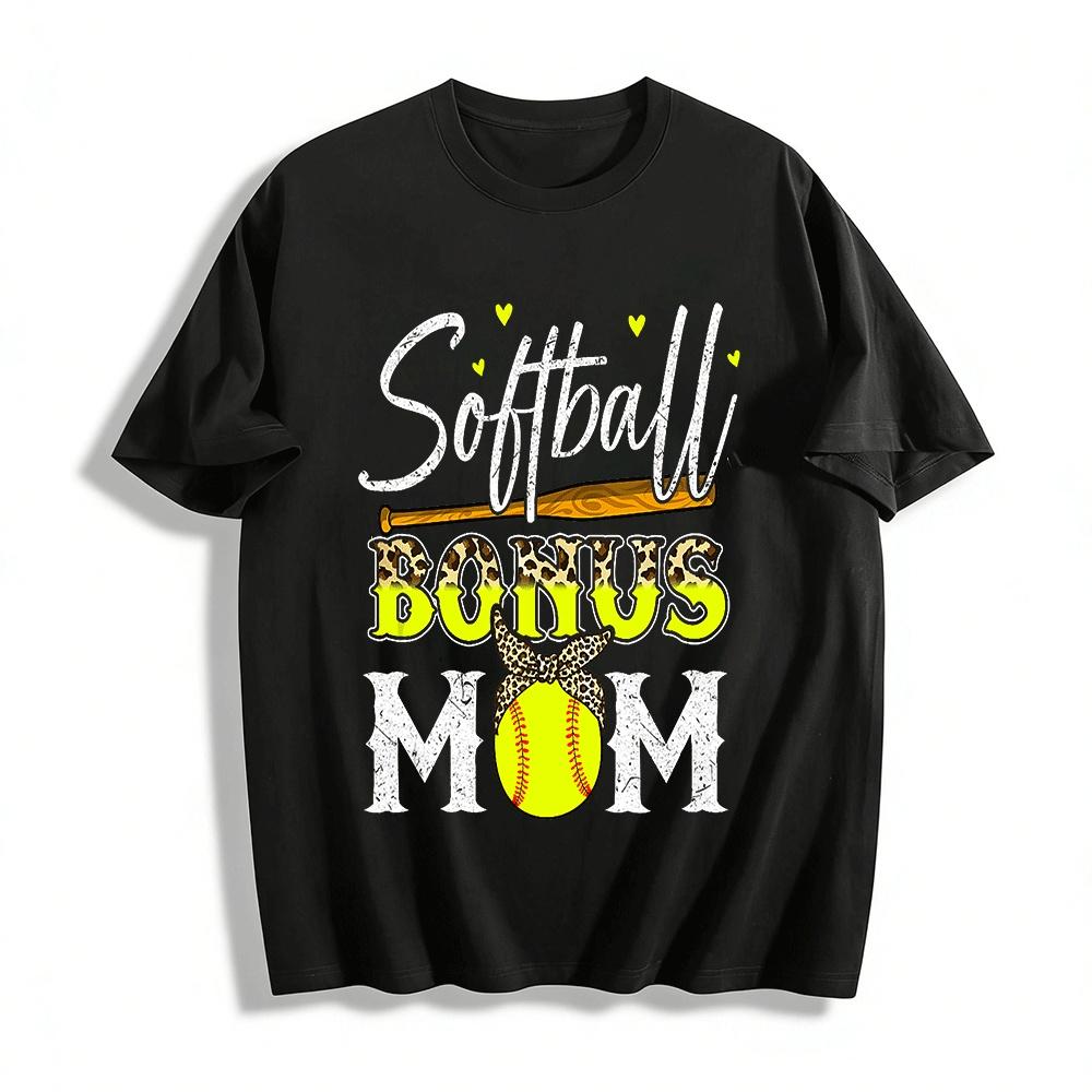 Softball Bonus Mom Leopard Print Baseball Bat Graphic Tee Pure cotton T-shirt XXS