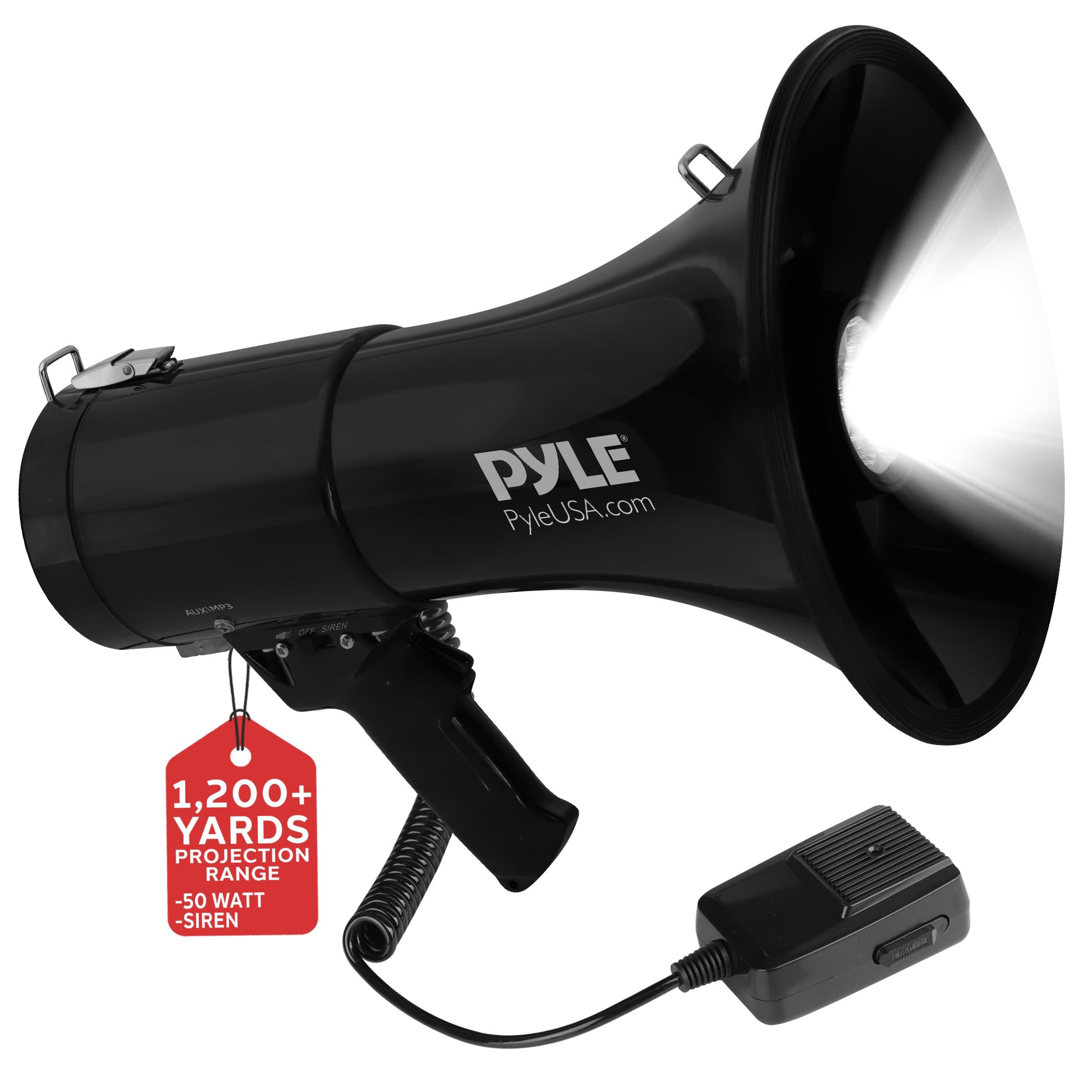 

The Pyle 50W Portable Megaphone Bullhorn Speaker features a alarm and adjustable volume for indoor and outdoor microphone, siren, use. чёрный