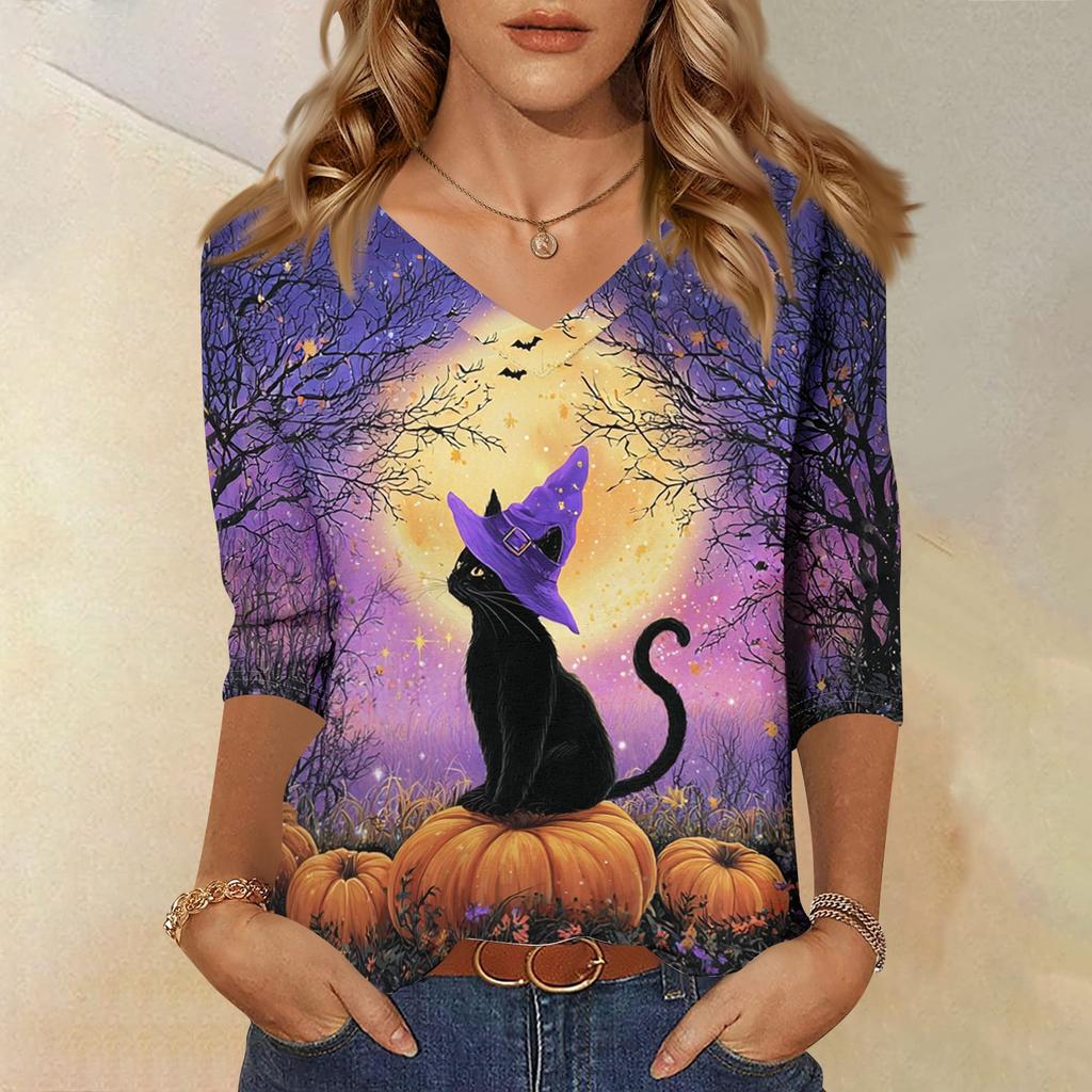 Damen Freizeit Halloween Aufdruck V-Ausschnitt Dreiviertelarm Oberteil Leichtes Weiches Gewebe Herbsthemd für den Alltag