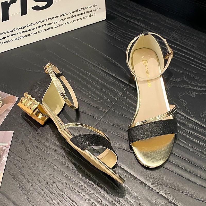 Women Sandals Summer Heels Casual Shoes Women's Open Toe Summer Gold Shoes Square Female Ankle Strap Low Heels Footwear Woman