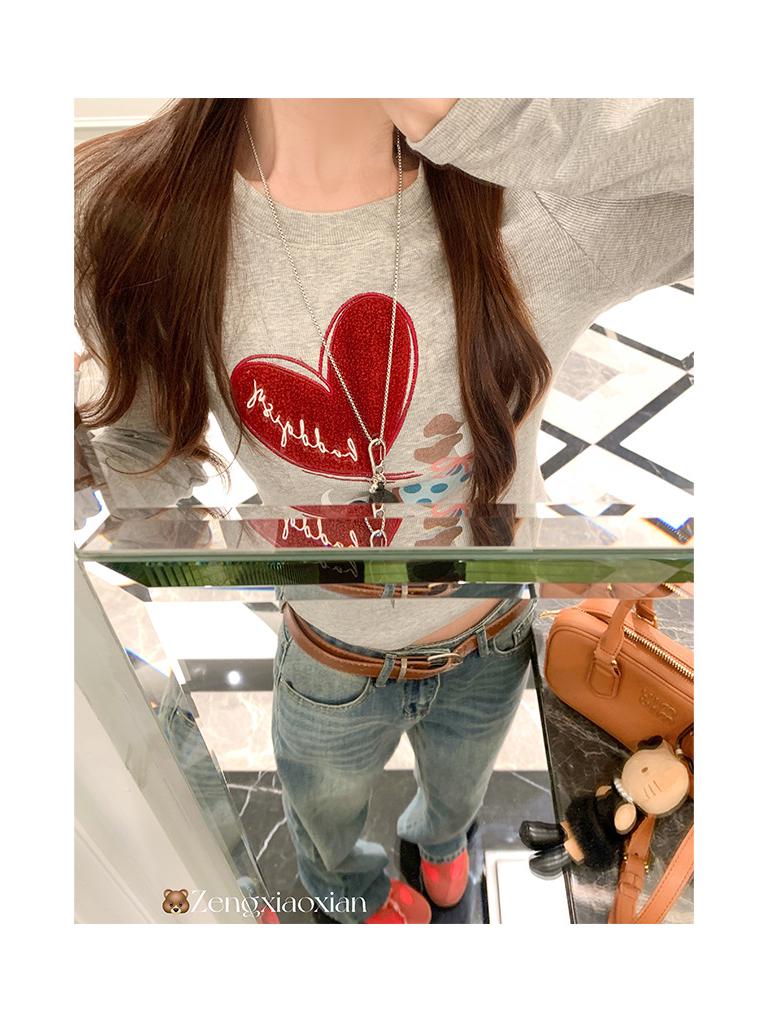 Women's Heart-Shaped Puppy Print Round Neck Long Sleeve T-shirt, Brushed for Spring, Autumn, Winter - Korean Style Fashion Base Layer.