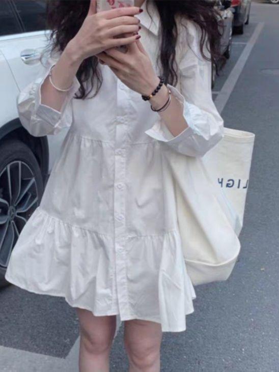 1116 Spring New Small French White Dress Children's Design Sense Niche Long-sleeved A-shaped Shirt Skirt