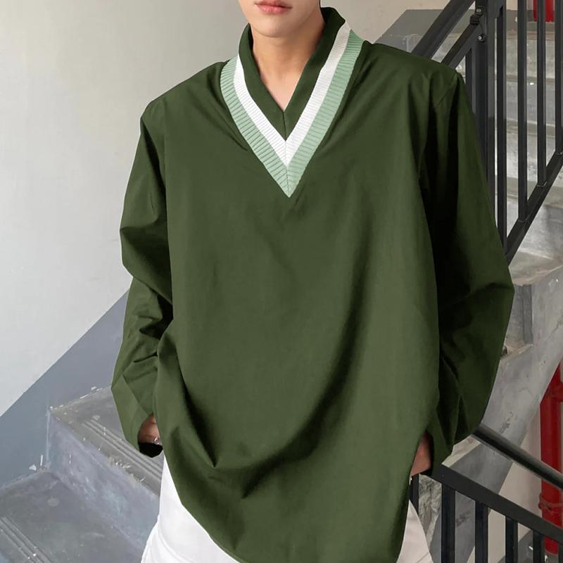 INCERUN Oversized Men V Neck Striped Long Sleeve Tops Casual Loose T-shirts
