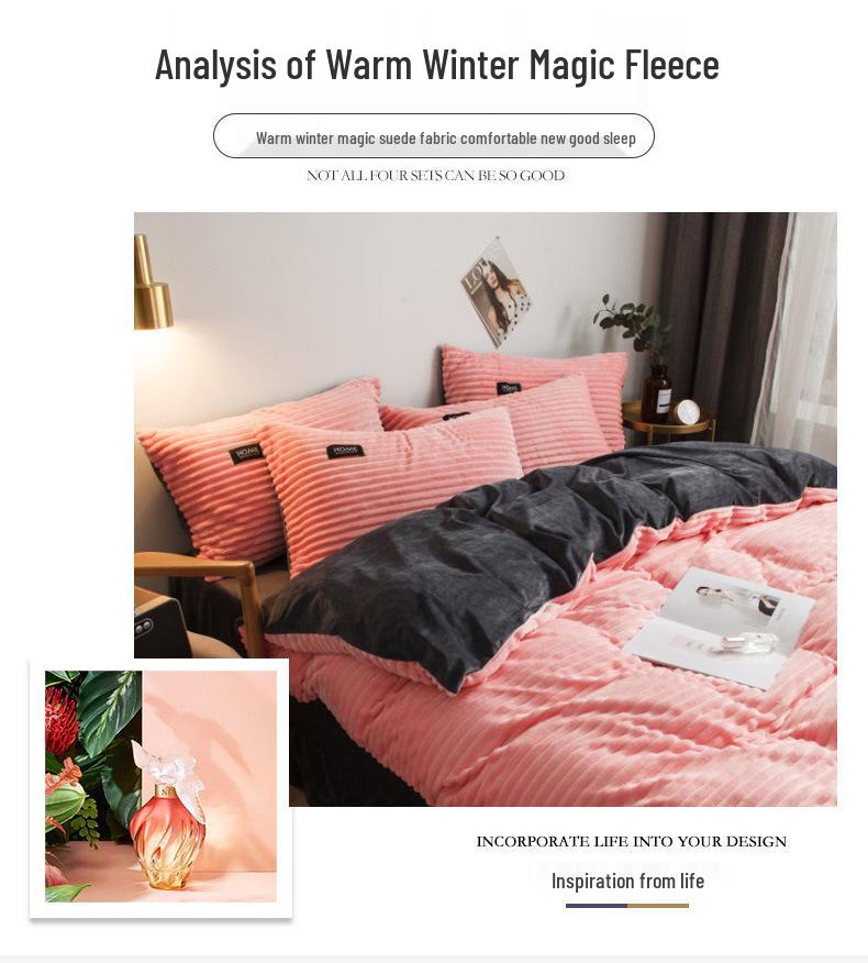 Weishang Thickened Crystal Velvet Four-Piece Set: Solid Flannel Duvet Cover & Warm Bed Sheet