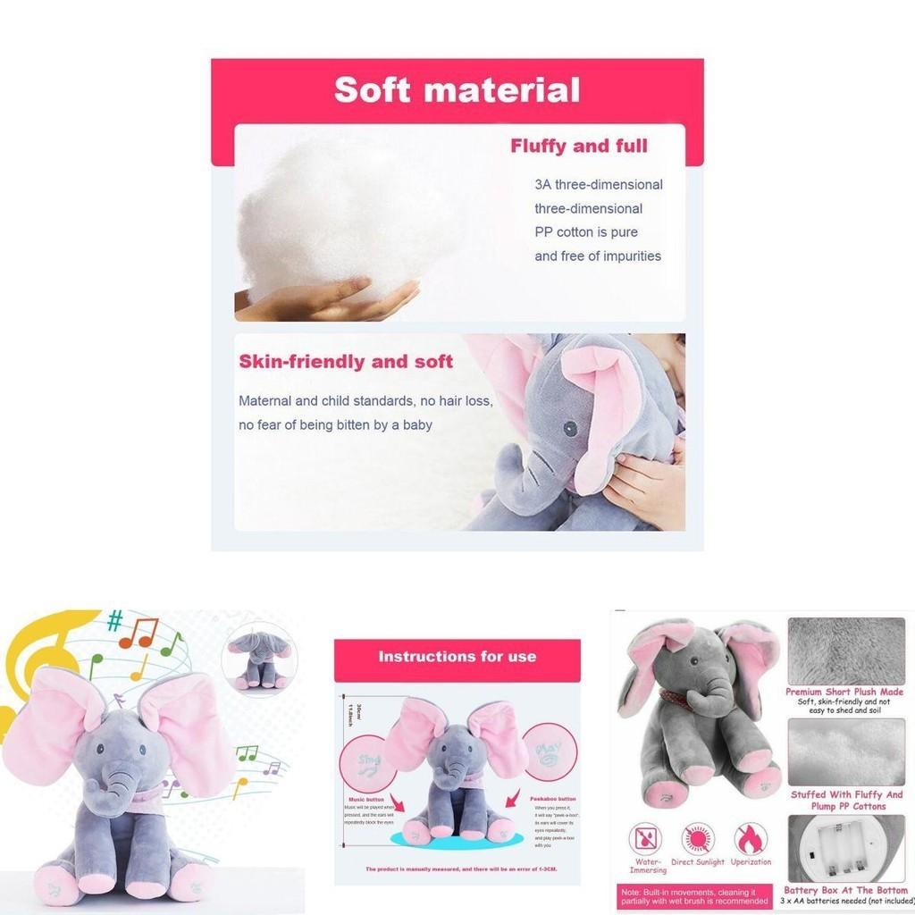 Entzückendes Kuckuck-Elefanten-Singendes Baby-Plüschtier für Kinder in Rosa und Grau