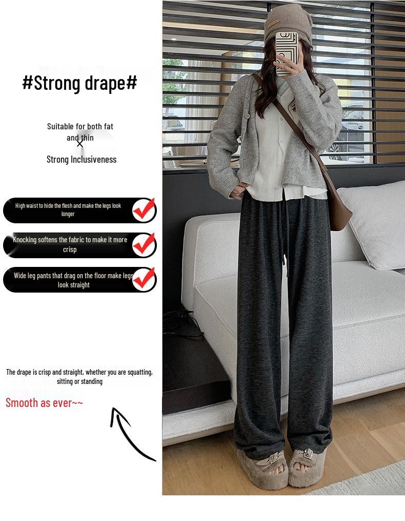Women's Dark Gray Soft Wide-Leg Glutinous Rice Pants - Spring/Autumn Plus Velvet Warm Casual Petite Long Pants.