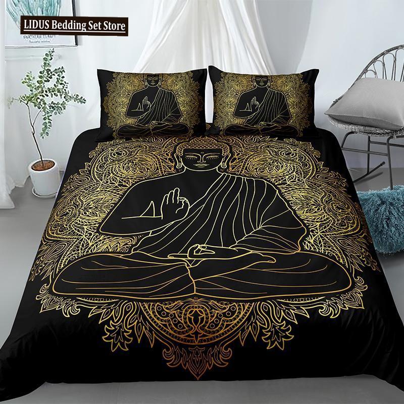 Mandala Buddha Duvet Cover Set King Size Exotic Ethnic Bohemian Bedding Set Golden Black Lotus Flowers Gorgeous Comforter Cover