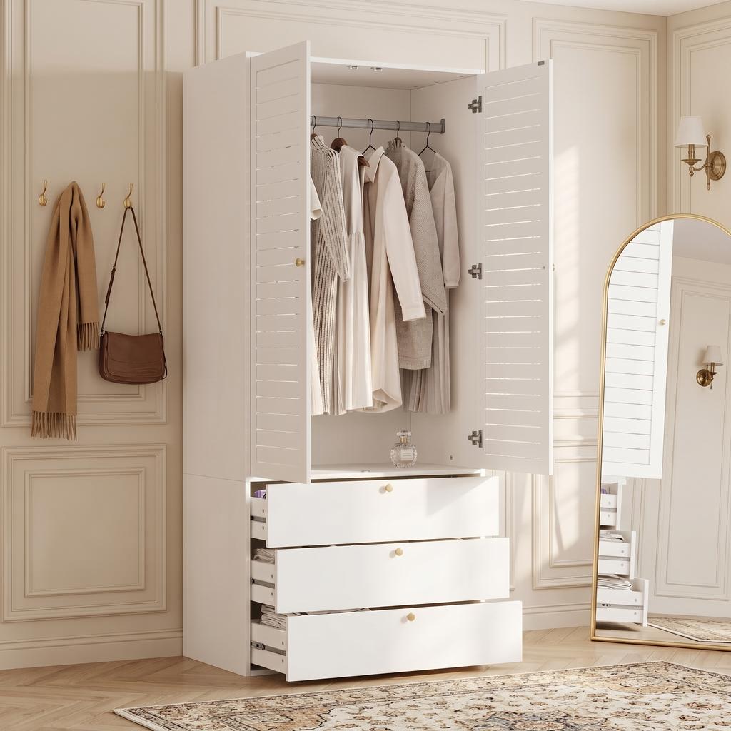 Kleiderschrank mit 2 Türen, elegante Lamellentüren, weiß, 90 x 50 x 200 cm, mit 1 Kleiderstange, 2 Türen und 3 Schubladen, für Schlafzimmer, Kinderzimmer