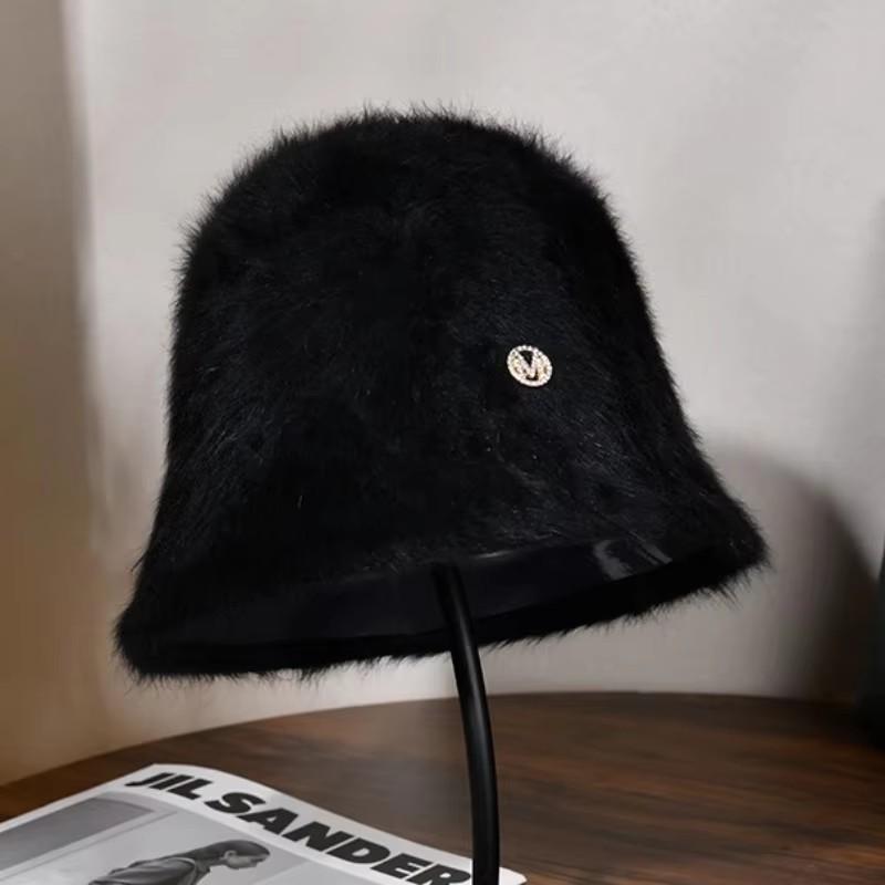 Korea Designer M Bucket Hat Woman Warm Plush Angola Rabbit Fur Hat Lady Autumn Winter Ins Fashion Basin Hat Retro Fluffy Panama