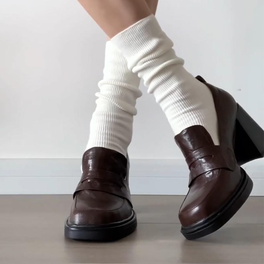 Cowhide Version~ Retro British High-heeled Small Leather Shoes Women's Thick Heel One-pedal Loafers Square Head College Style Jk Women's Shoes