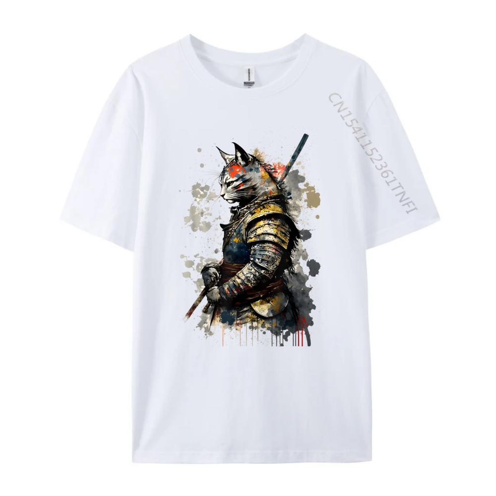 Cat Samurai Wearing Uniform Painting Portrait Cat Samurai Mens Shirts Graphic Tee Short Sleeve Tee Creative