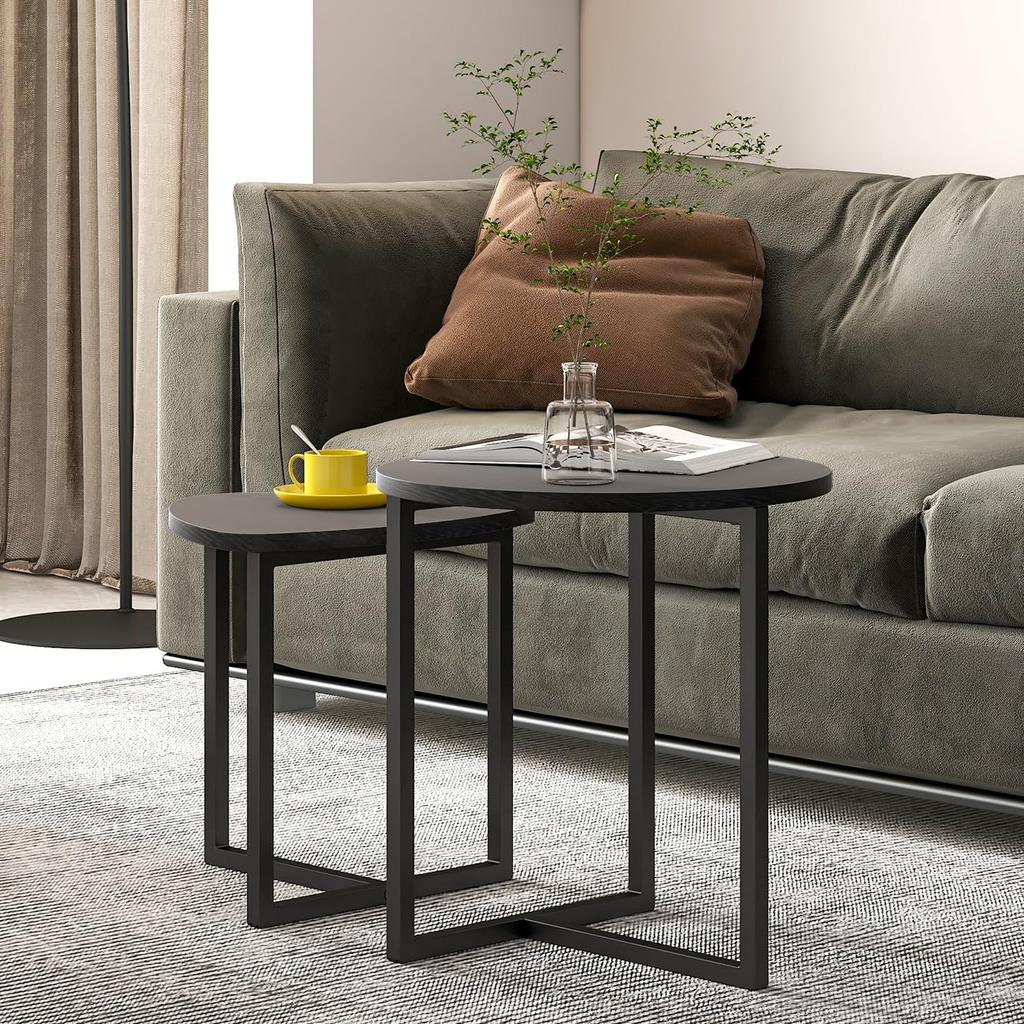 Kaffeetisch rund Set aus 2 Stück – Holztisch in Industrial Design für Wohnzimmer, Moderner Sofatisch