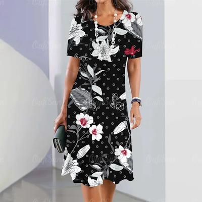 Maniche corte Abbigliamento donna Abiti Abbigliamento donna retrò Abito con fiori 3d Girocollo ampio Gonne a trapezio Abiti estivi rossi