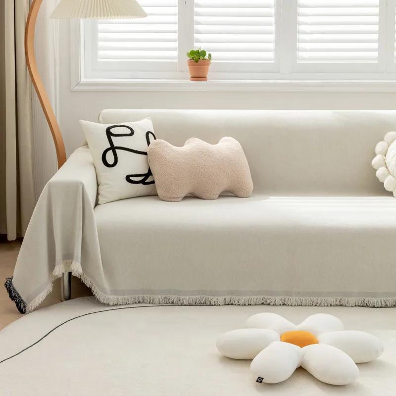 Tassel Trim Dustproof Living Room Sofa Cover, Living Room Triple Sofa Cover, Living Room Recliner Sofa Cover