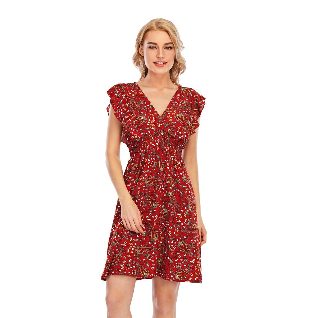 Women Summer V-Neck Chiffon Print Ruffled Sleeveless High Waist A Line Chic Dress S-XXL
