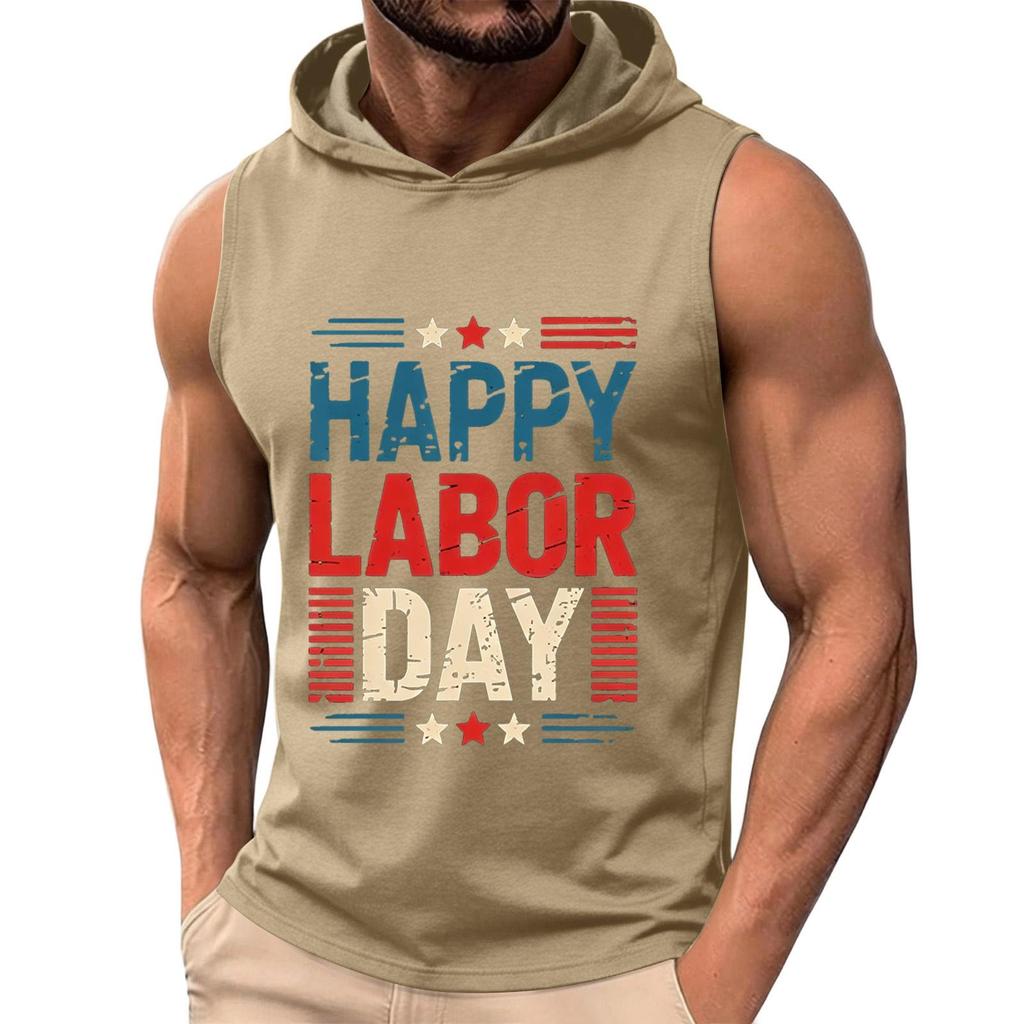 Men Sleeveless Hoodie Tank Top Casual Muscle Fit Athletic Shirt Summer Workout Gym Apparel with Labor Day Print