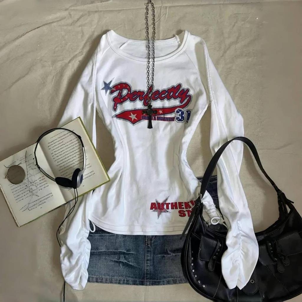 VAYLA Tricouri Femei Vintage Y2k Albe Grunge Grafice Mânecă Lungă Tricouri Harajuku Estetică 2000s Streetwear Retro American