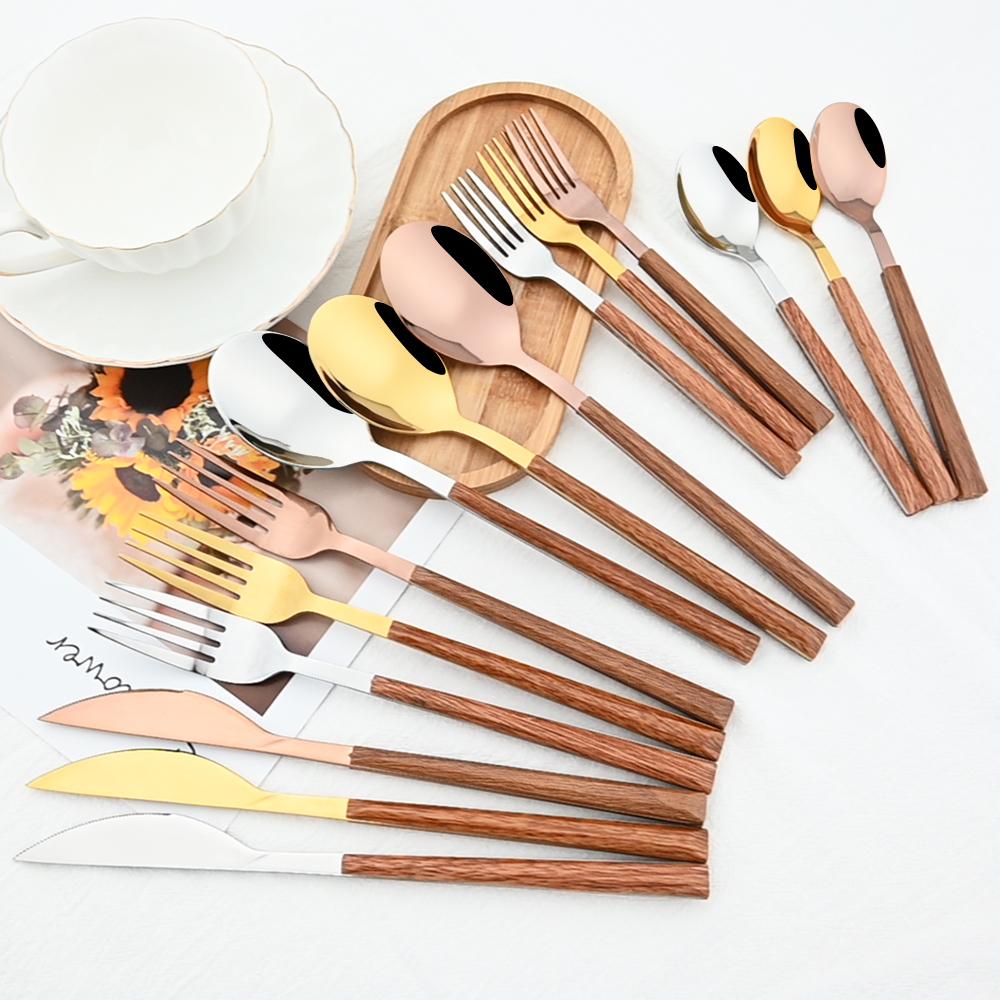 24Pcs High Quality Cutlery Set Knife Fork Spoon Dinnerware Set Stainless Steel Flatware Creative Imitation Wood Handle Tableware