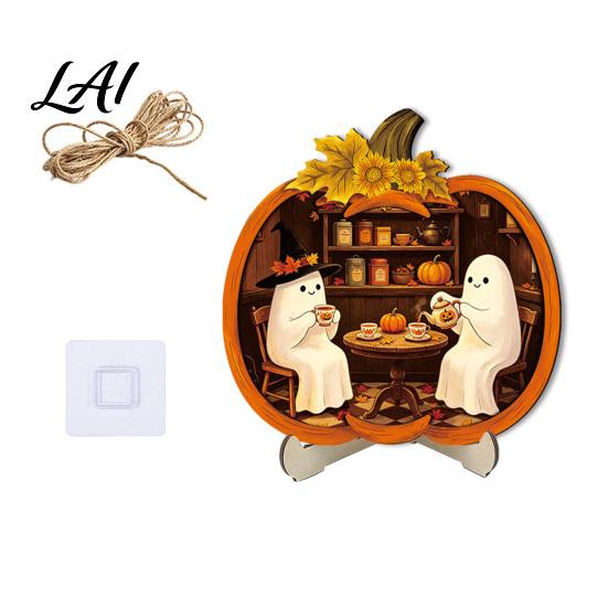 Cool Patterned Ornaments Halloween Door Sign Glowing Ghost Hanging Decor Wooden LED Window Reusable Party Supplies Ornament for Party Spooky