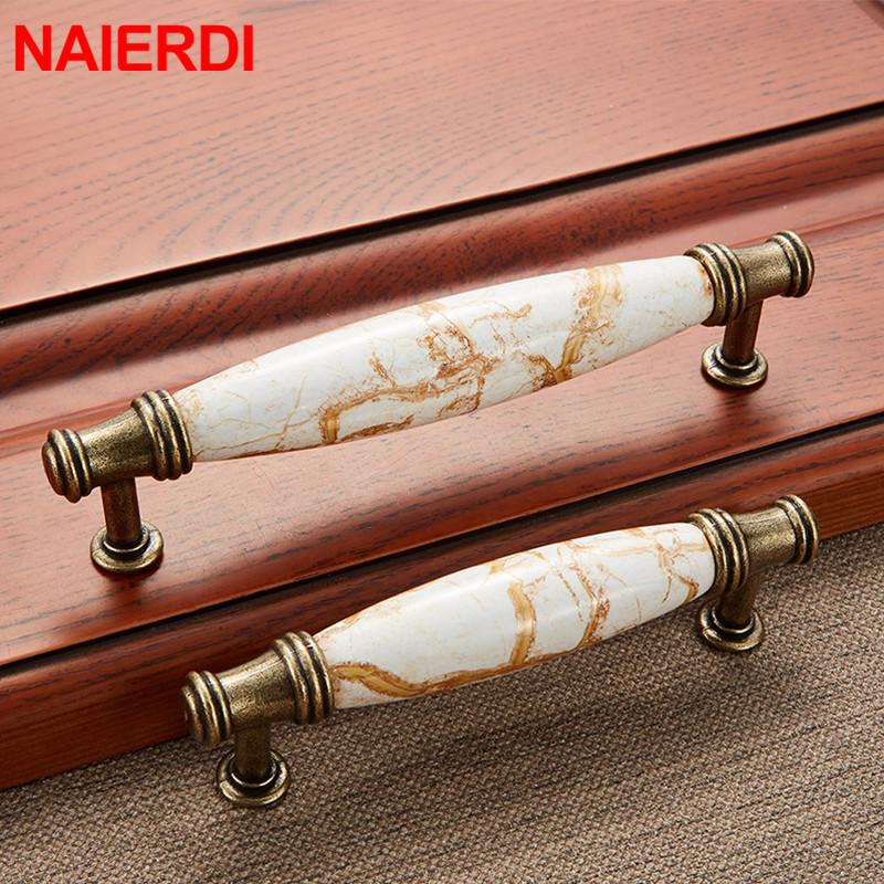 NAIERDI Antique Bronze Ceramic White Cabinet Handles Zinc Alloy Drawer knobs Wardrobe Door Handle European Furniture Hardware