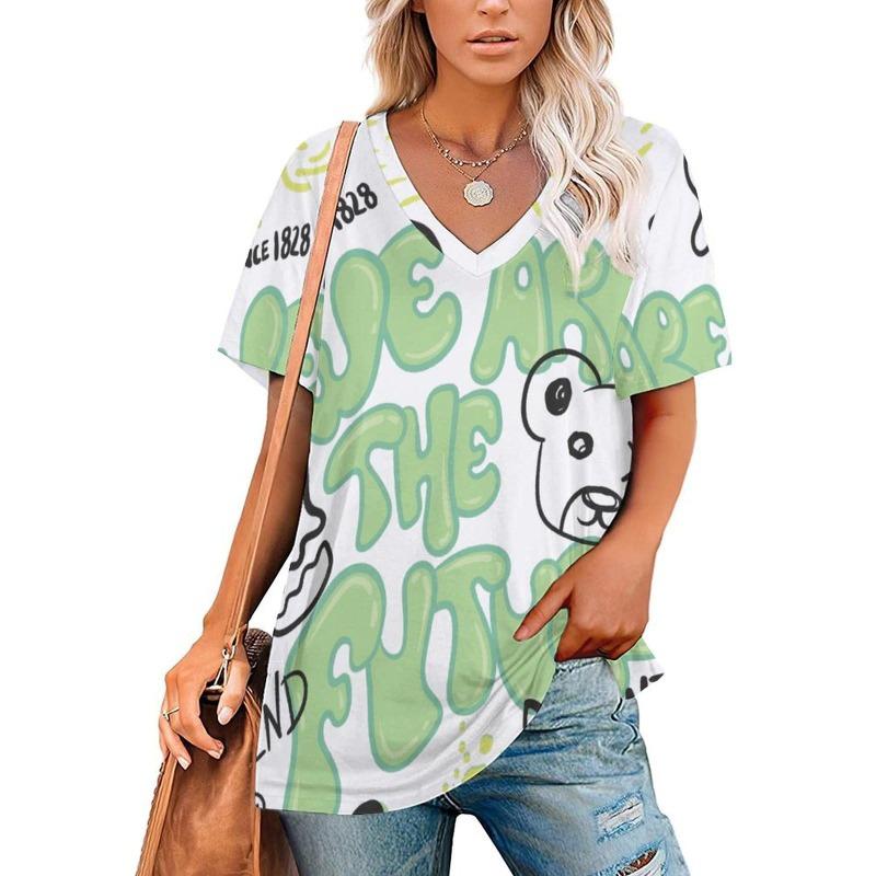 Sommermode 3D Floral bedruckte T-Shirts Damenbekleidung T-Shirt Tops Damen Casual Kurzarm V-Ausschnitt Tops Lockere Bluse