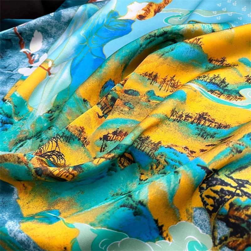 Mode Luxus Elegant Seidenähnlicher Quadratischer Schal Damen 70x70cm Leichtgewichtiger Landschaftskunstdruck Frühling Sommer Geschenk Schals