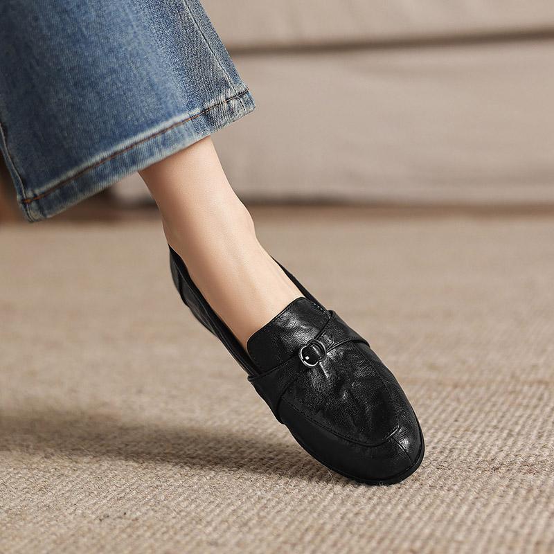 Krazing Pot Sheepskin Round Toe Thick Med Heels Spring Shoes Slip On Big Size 42 Loafers Women Pleated Beauty Pumps