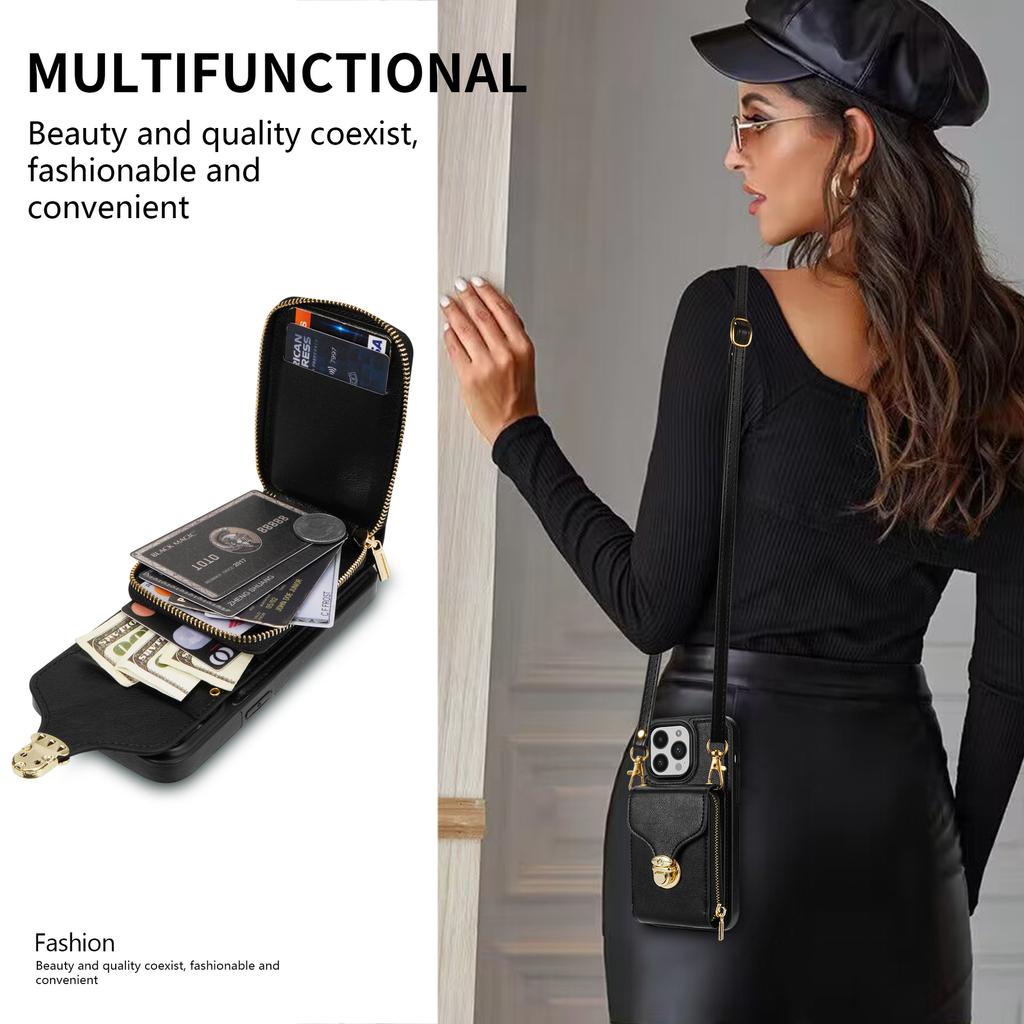 Crossbody iPhone Hülle mit Umhängeband, Kartenfach, Reißverschluss - Passend für Apple Handys 13-15, 12 Pro