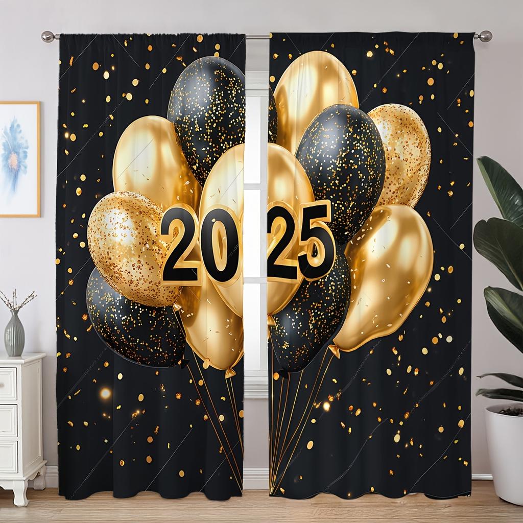 2pcs Classic Happy New Year Fireworks Balloon Clock Digital Floral Printed Curtains for Living Room Bedroom Study Dining Room