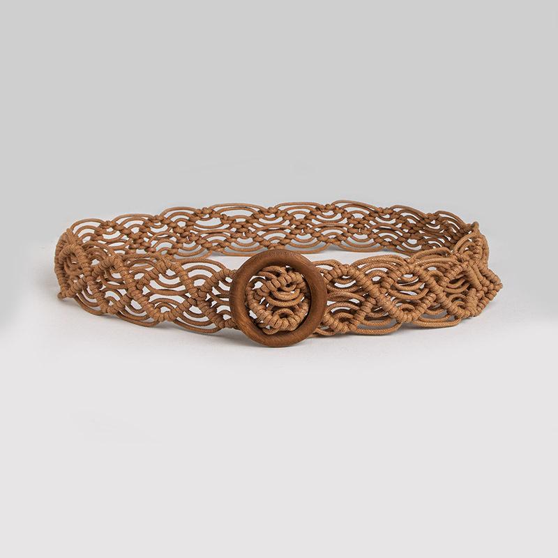 Bohemian Belt, Ethnic Style Woven Handcrafted Women's Belt, Casual Vacation Style, Exquisite Round Wood Buckle Women's Waist Rope