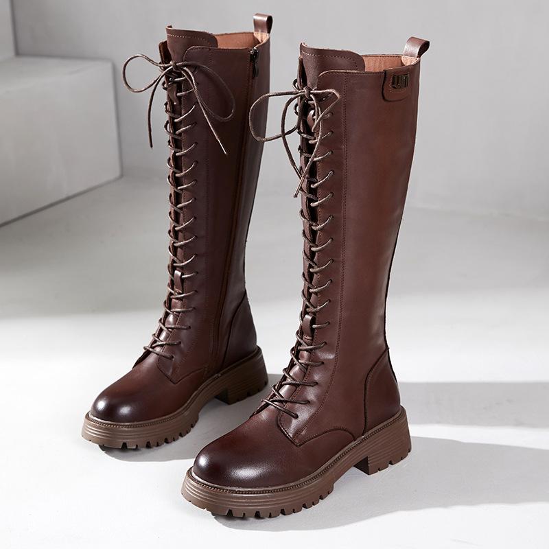 

[Вся обувь из натуральной кожи] Сапоги из коровьей кожи первого слоя женские осень-зима 2025 кожаные шнурованные бархатные рыцарские сапоги 40