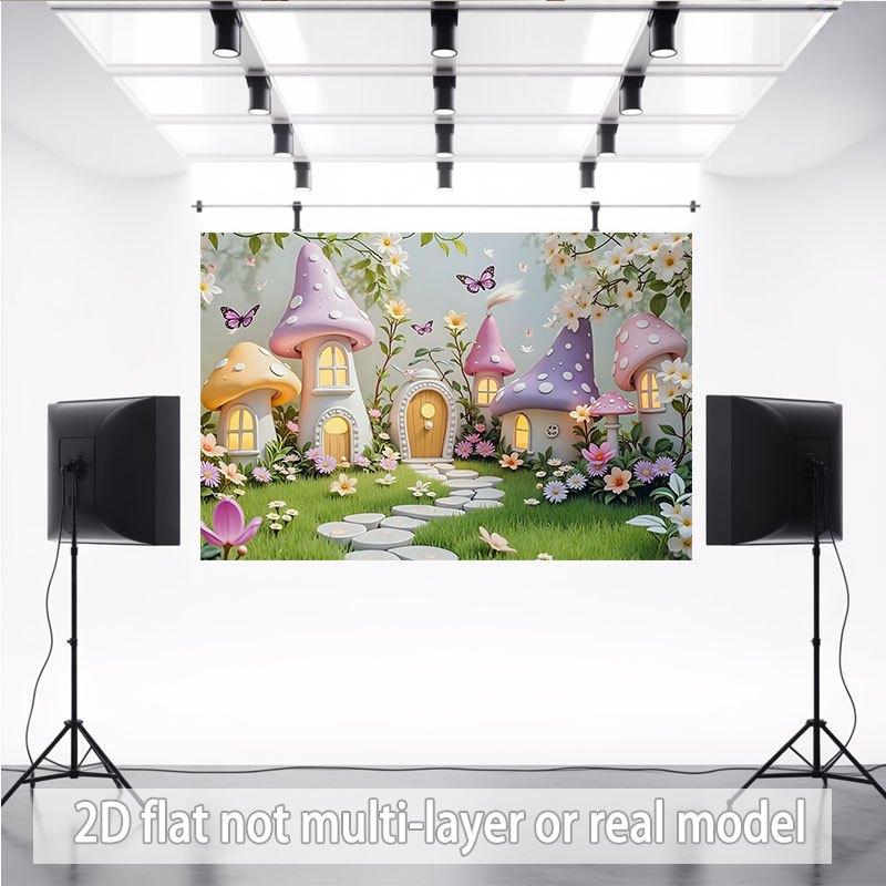 2D Planar, Single-piece Mushroom-themed Wall Decoration Banner —— Mushroom House with Flowers and Butterflies