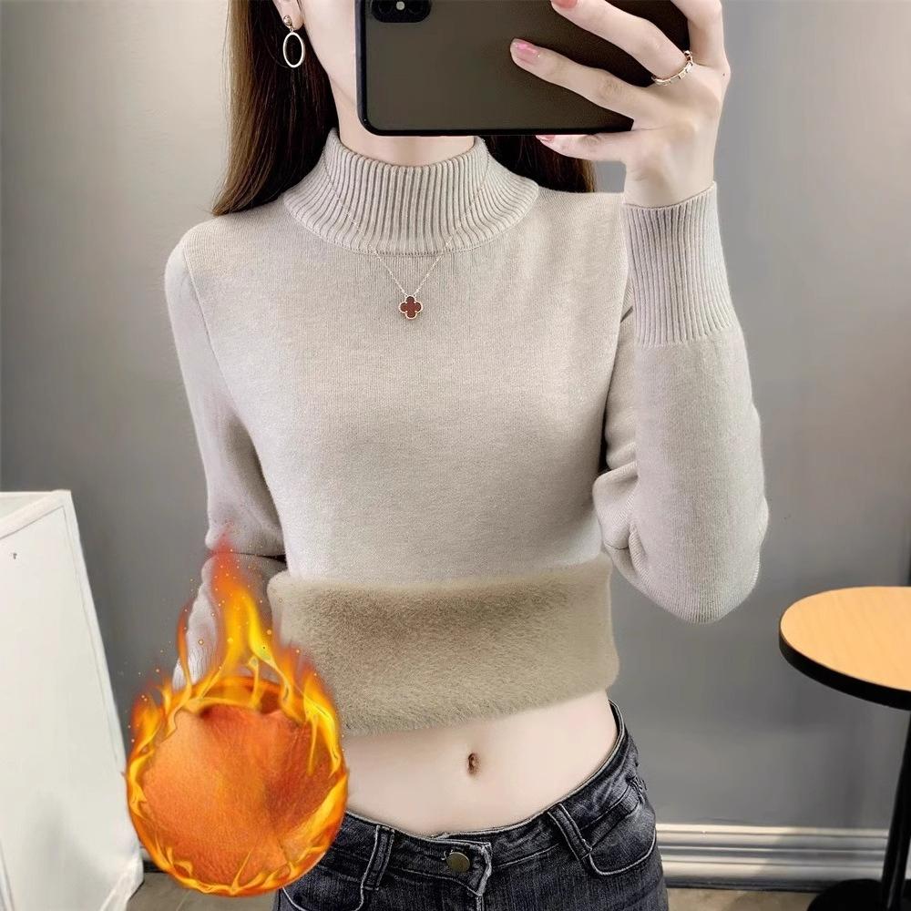 Autumn Wram Add Velvet Round Collar Long Sleeve Knitted Sweaters Women Korean Japan Style Knitwear Slim Pullovers